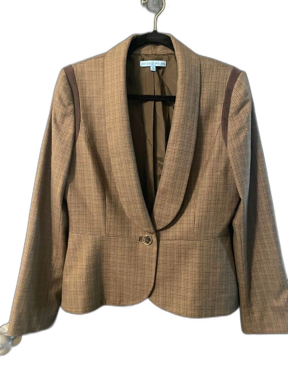 Antonio Melani Size 10 Brown Micro Houndstooth Shawl Collar Tailored Blazer